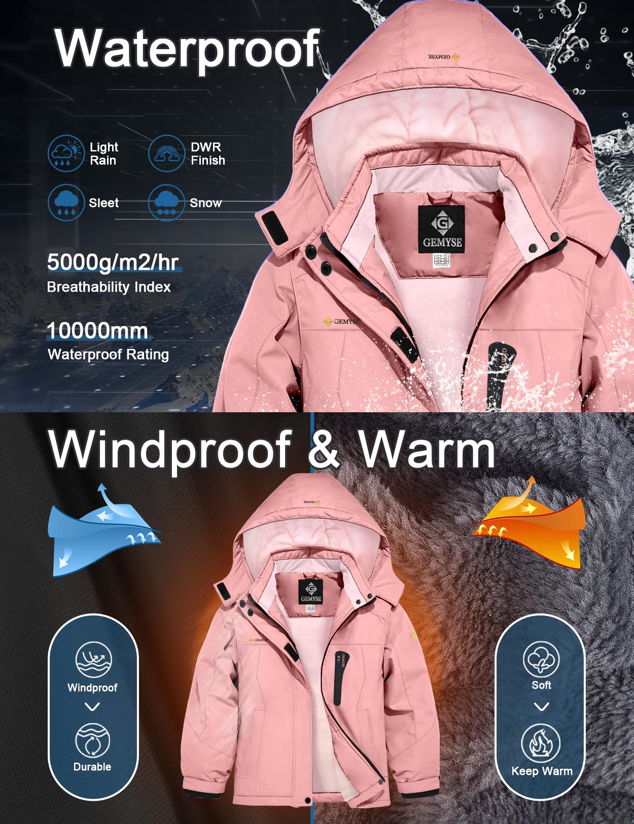 GEMYSE Mädchen Skijacke Wasserdichte Winterjacke Winddichter Fleece Schneeanzug Warm mit Kapuze für Aktivitäten im Freien(Korallenrosa mit Rosa Futter,140-146)