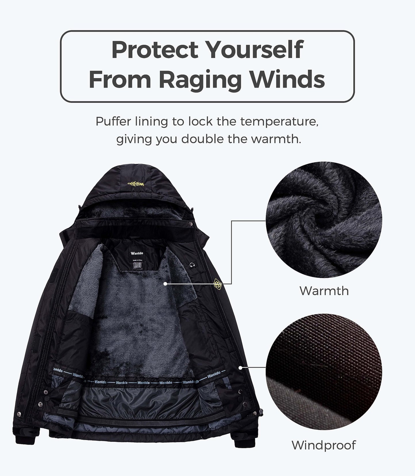 Wantdo Damen Berg Ski Jacke Wärmer Winter Fleece Mäntel Wasserdichter Atmungsaktive RegenMäntel Outdoor Kapuzen Windbreaker Jacken Schwarz L