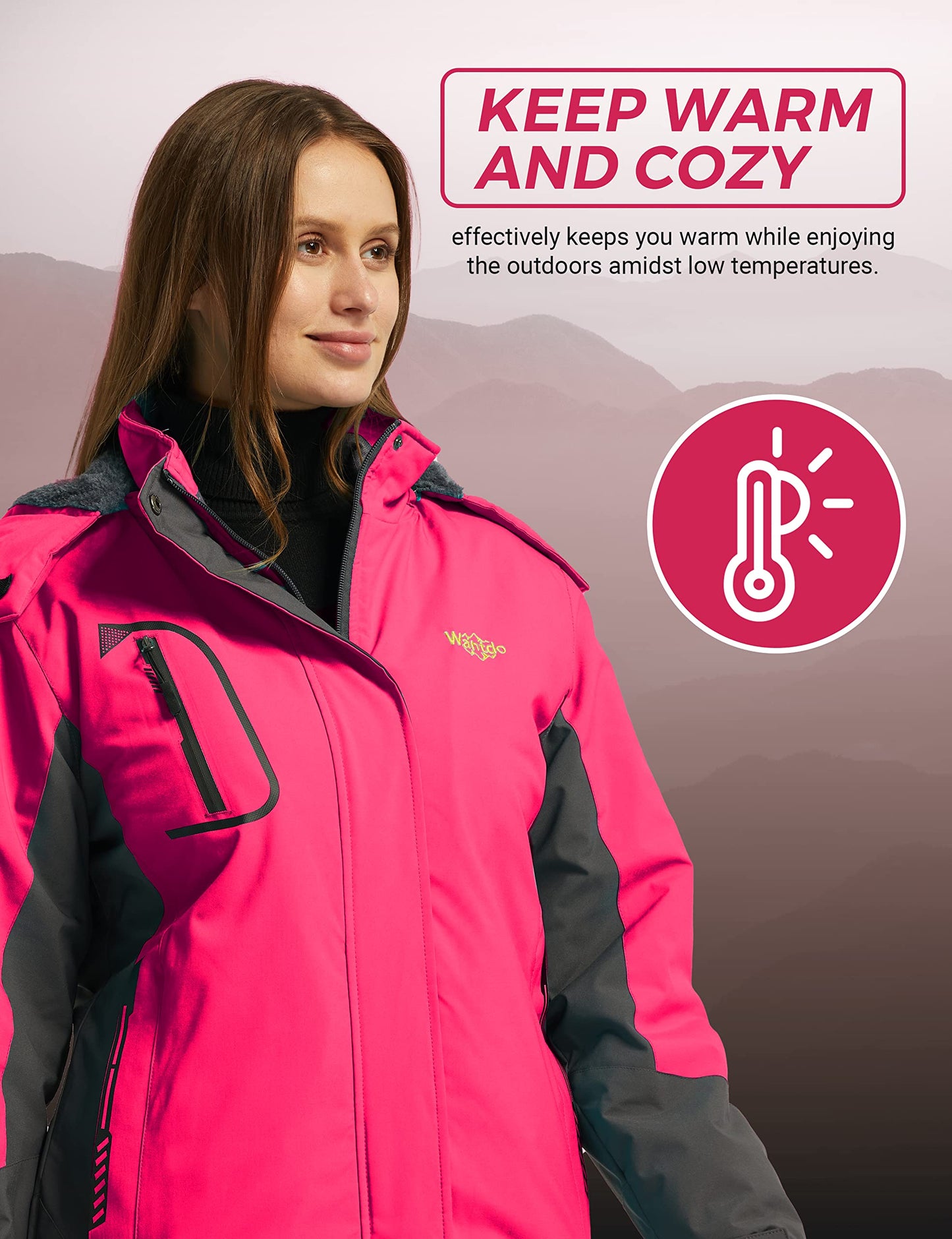 Wantdo Damen Berg Ski Jacke Wärmer Winter Fleece Mäntel Wasserdichter Atmungsaktive RegenMäntel Outdoor Kapuzen Windbreaker Jacken Rosarot XXL