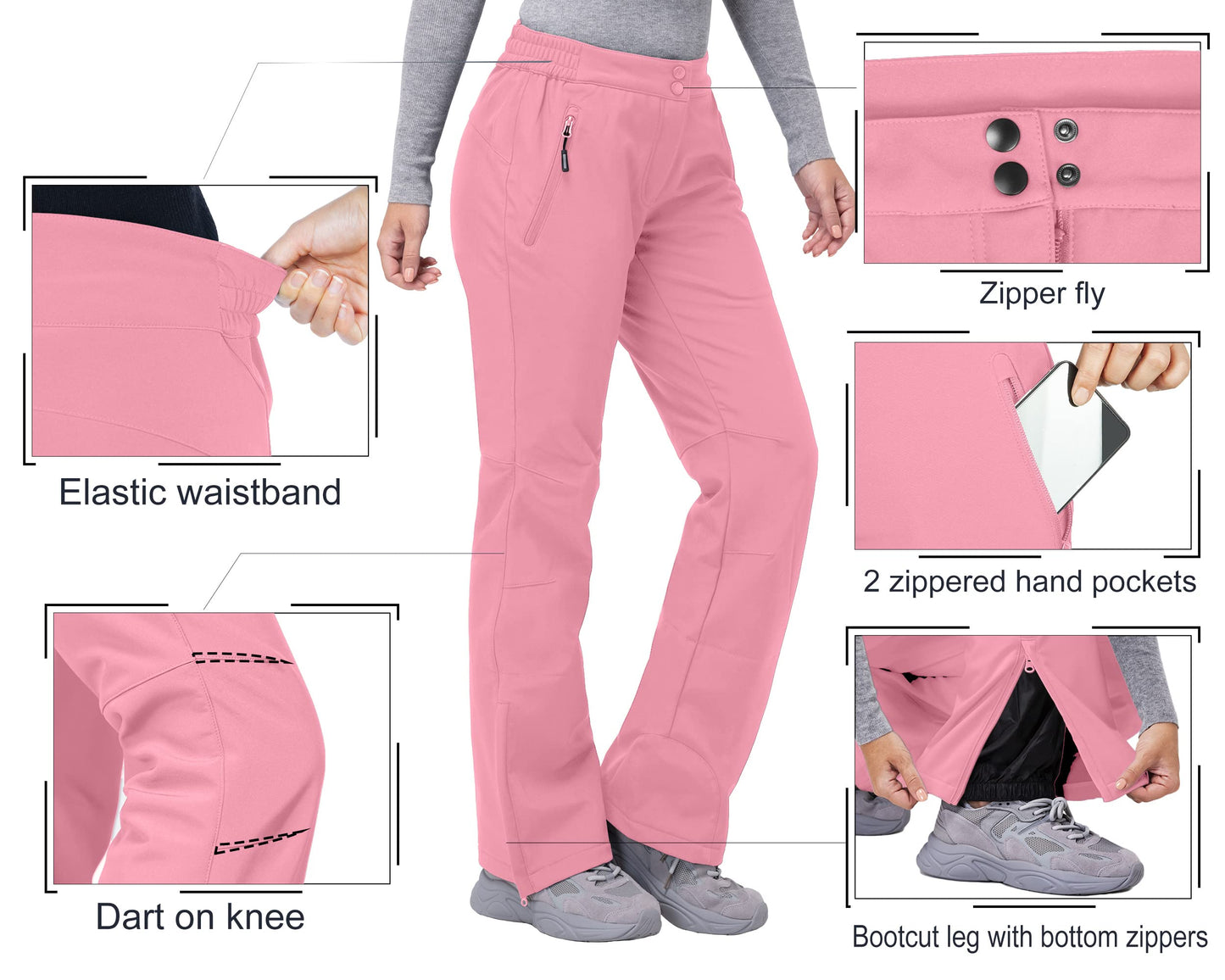 33,000ft Damen Skihose Outdoorhose Wasserdicht Winddichte Softshellhose Warme Gefütterte Trekkinghose Atmungsaktive Schnelltrocknende Thermohose Wanderhose Winter, Rosa 36W*29L