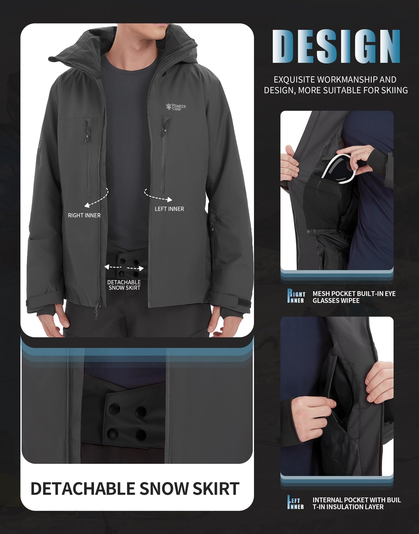 Pioneer Camp Herren Wasserdicht Skijacke Winddicht Snowboardjacke Warm Outdoor Winterjacke mit Kapuze Grau M