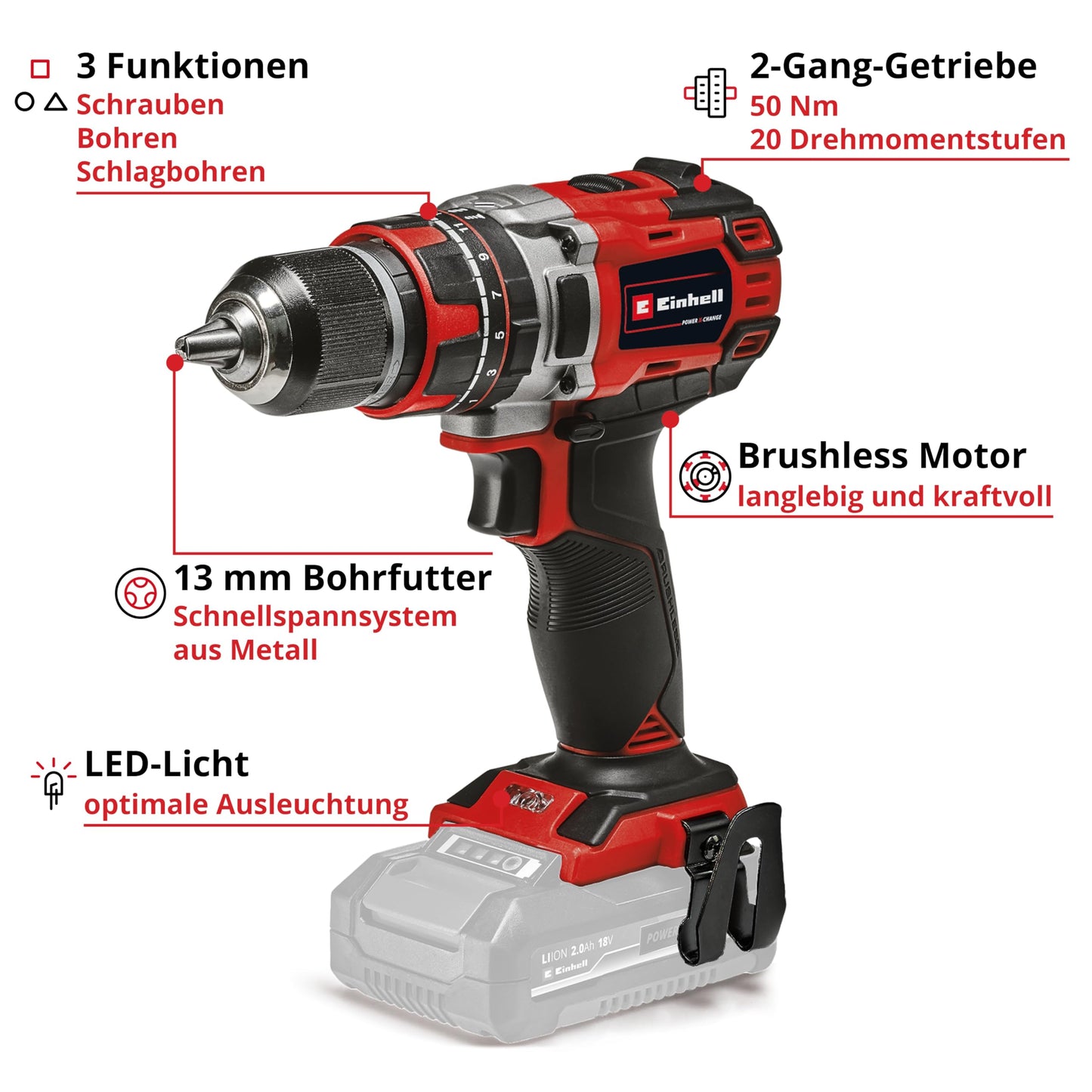 professional Akku-Schlagbohrschrauber TP-CD 18/50 Li-i BL Solo Power X-Change (18V, Brushless, 50 Nm, Schlagbohrfunktion, 2 Gang, 13 mm Bohrfutter, ohne Akku)