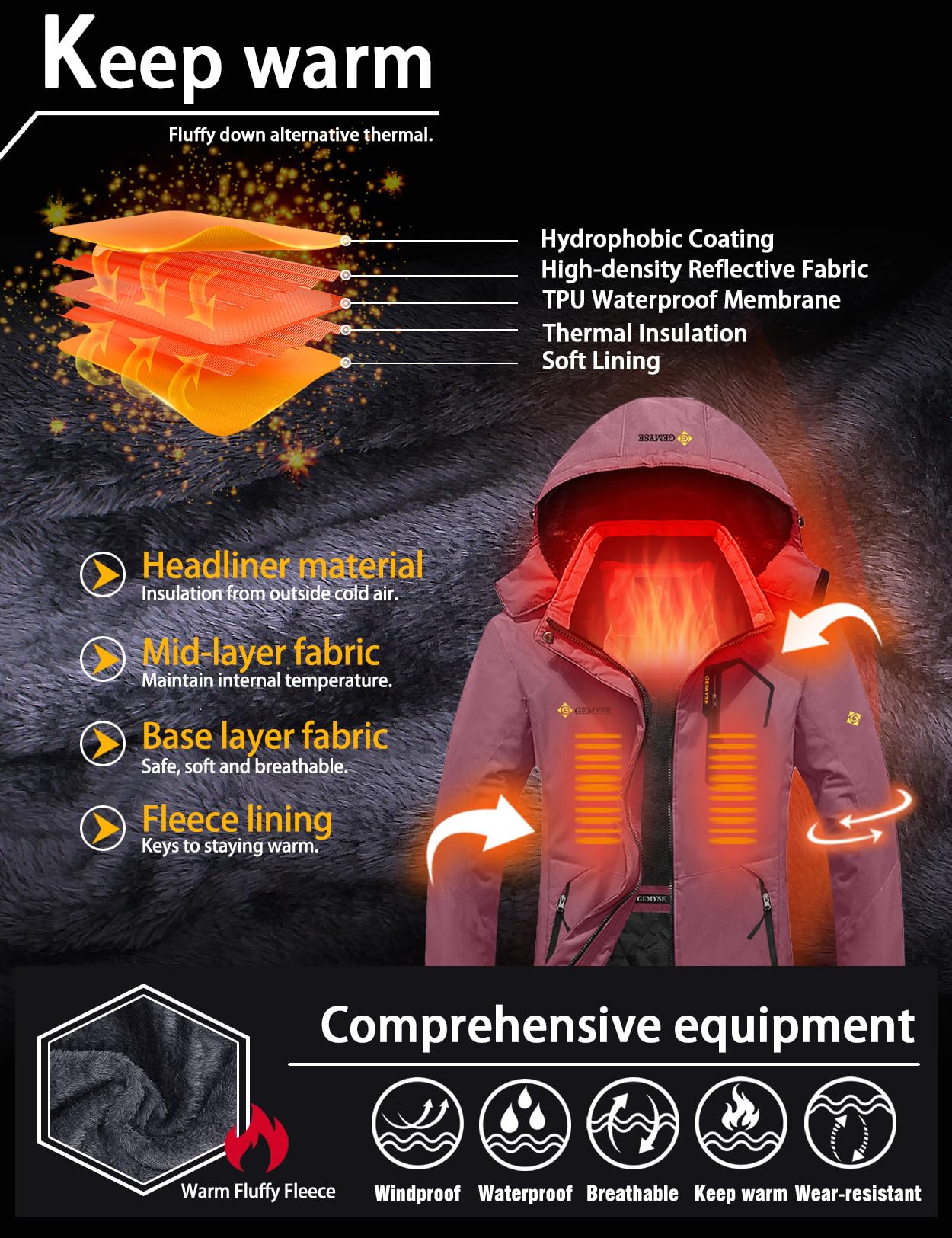 GEMYSE Damen Skijacke Wasserdicht Fleece Winterjacke Winddicht Schneejacke mit Kapuze für Outdoor Aktivitäten und Sport(Hellpink,L)