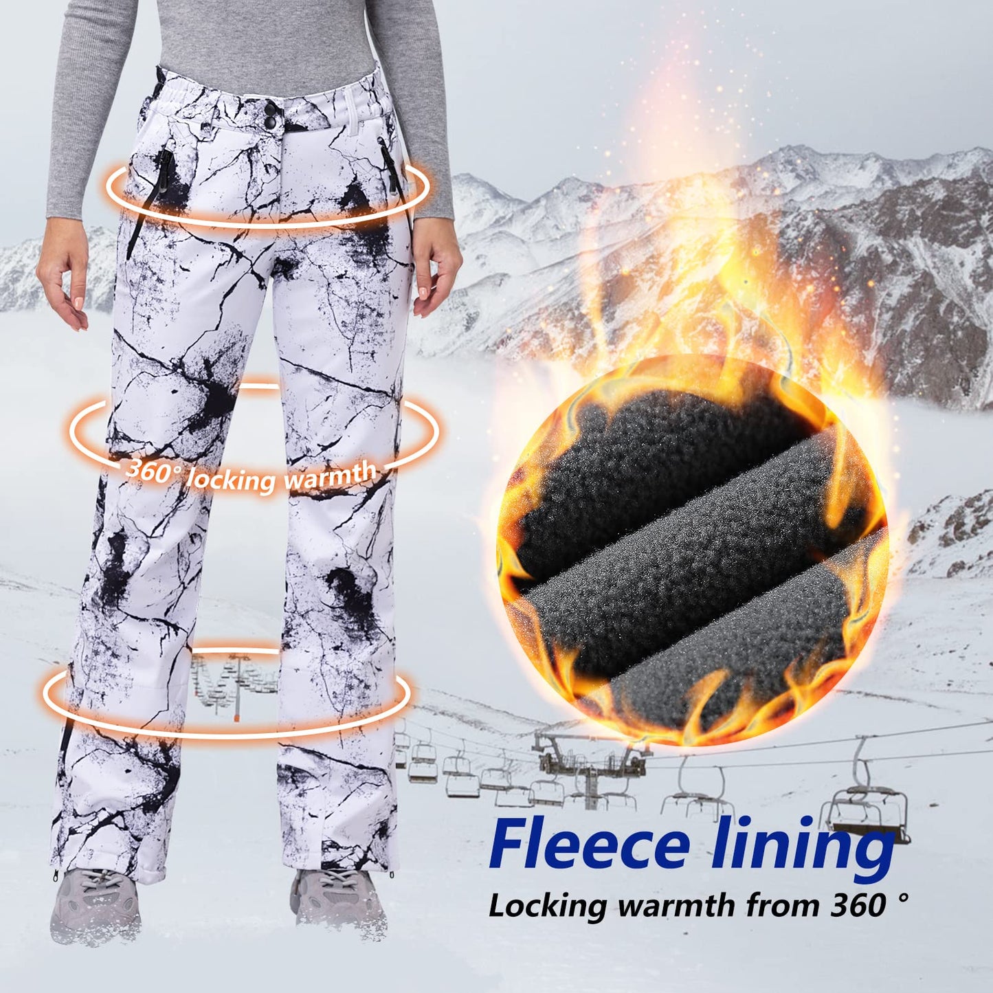 33,000ft Damen Skihose Outdoorhose Wasserdicht Winddichte Softshellhose Warme Gefütterte Trekkinghose Atmungsaktive Schnelltrocknende Thermohose Wanderhose Winter Ski Pants Women Rissgrau 34 * 29L