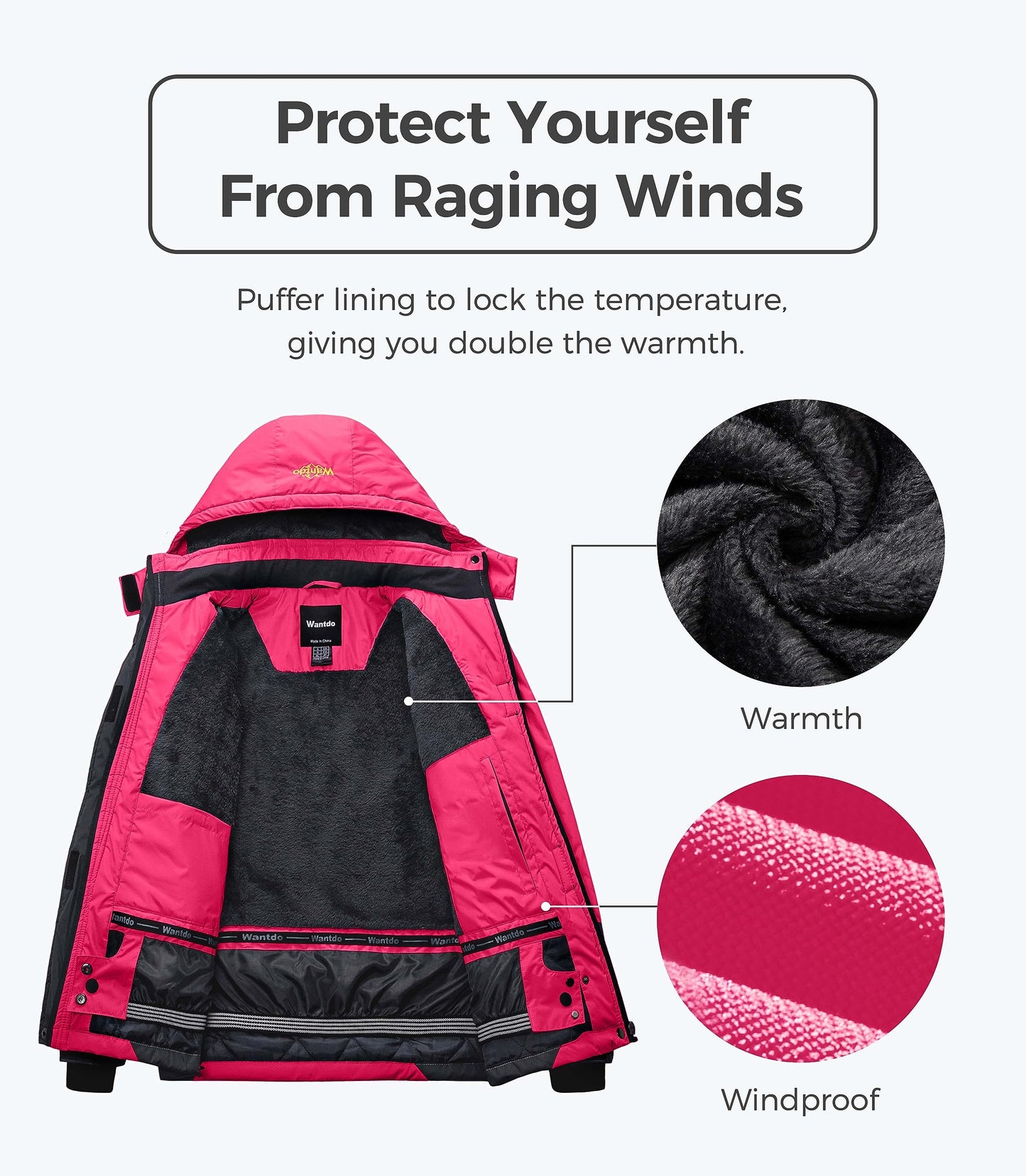 Wantdo Damen Berg Ski Jacke Wärmer Winter Fleece Mäntel Wasserdichter Atmungsaktive RegenMäntel Outdoor Kapuzen Windbreaker Jacken Rosarot XXL