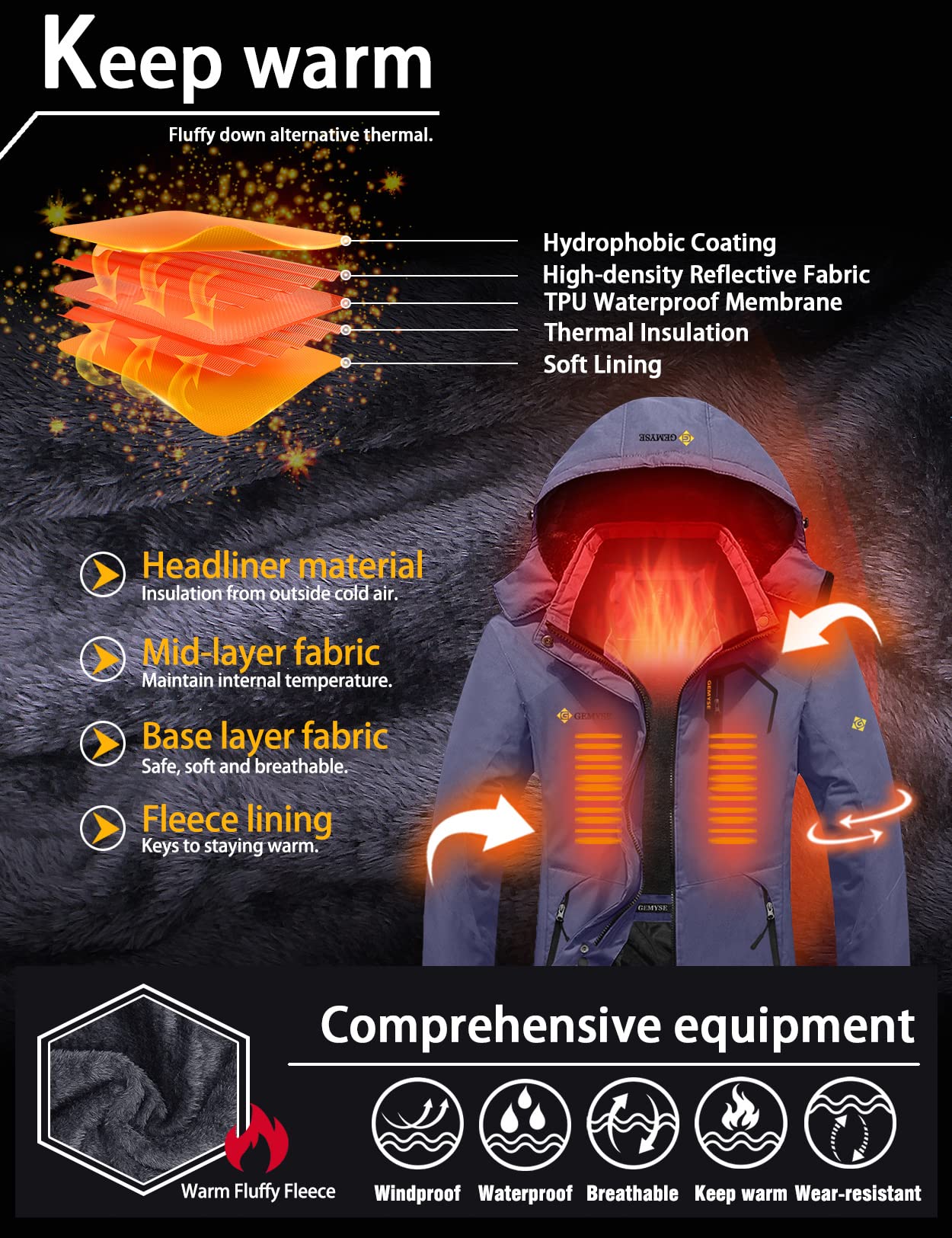 GEMYSE Damen Skijacke Wasserdicht Fleece Winterjacke Winddicht Schneejacke mit Kapuze für Outdoor Aktivitäten und Sport(Grau Lila,M)