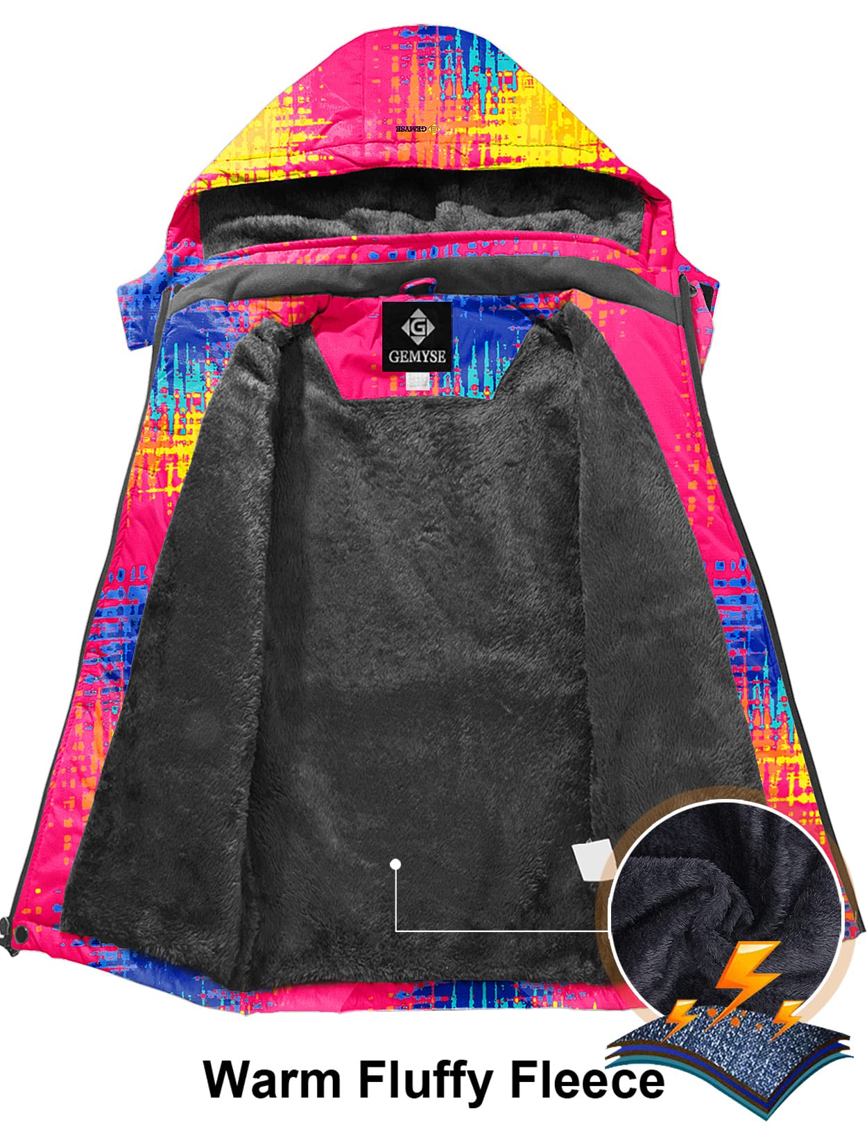 GEMYSE Mädchen Skijacke wasserdicht Winterjacke winddicht Fleece Schneeanzug warm mit Kapuze für Outdoor(Druck,140-146)