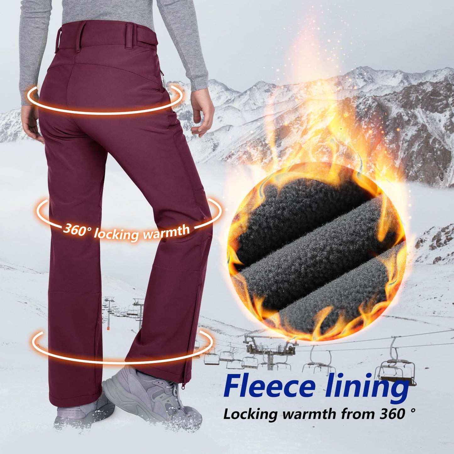33,000ft Damen Skihose Outdoorhose Wasserdicht Winddichte Softshellhose Warme Gefütterte Trekkinghose Atmungsaktive Schnelltrocknende Thermohose Wanderhose Winter, Himbeerrot 34W*29L