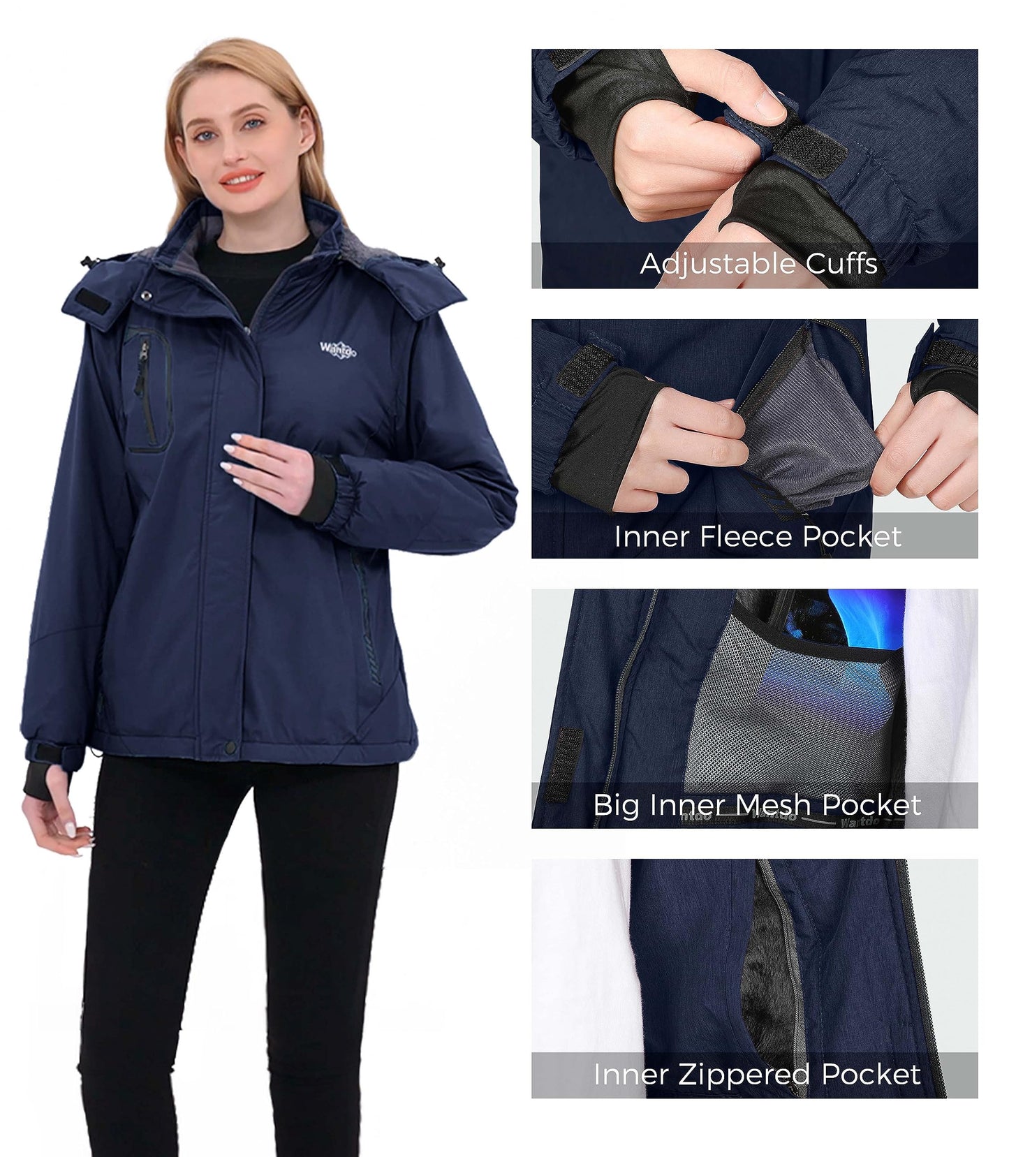Wantdo Damen Berg Ski Jacke Wärmer Winter Fleece Mäntel Wasserdichter Atmungsaktive RegenMäntel Outdoor Kapuzen Windbreaker Jacken Enzianblau S