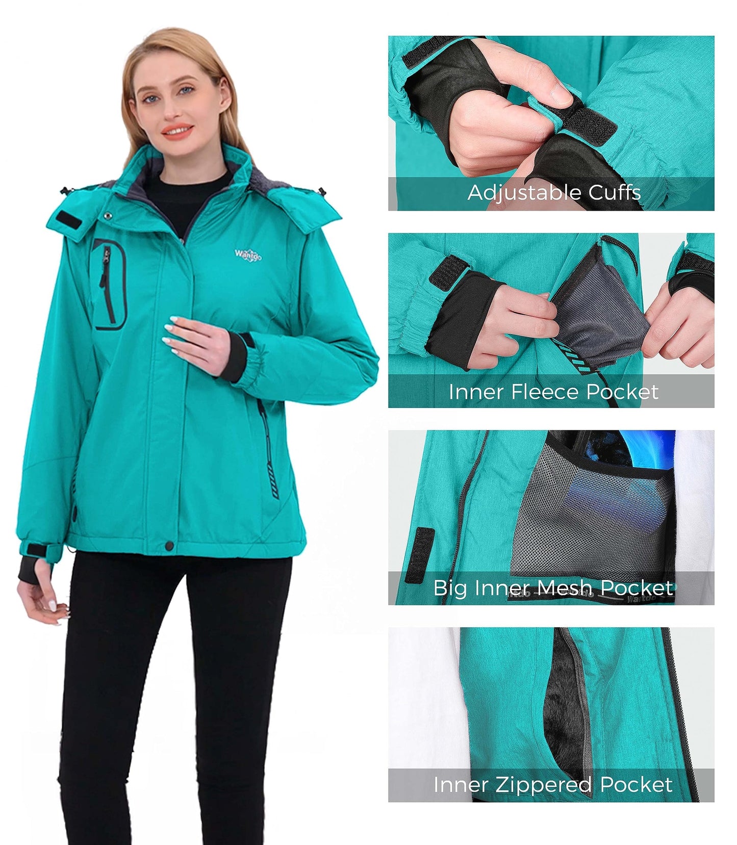 Wantdo Damen Berg Ski Jacke Wärmer Winter Fleece Mäntel Wasserdichter Atmungsaktive RegenMäntel Outdoor Kapuzen Windbreaker Jacken Dunkles Türkis XXL