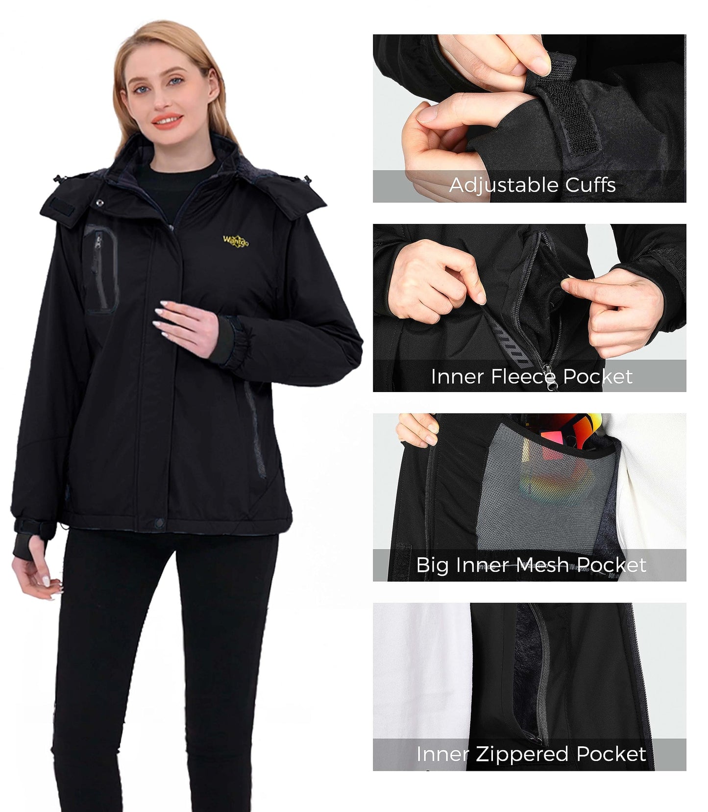 Wantdo Damen Berg Ski Jacke Wärmer Winter Fleece Mäntel Wasserdichter Atmungsaktive RegenMäntel Outdoor Kapuzen Windbreaker Jacken Schwarz L