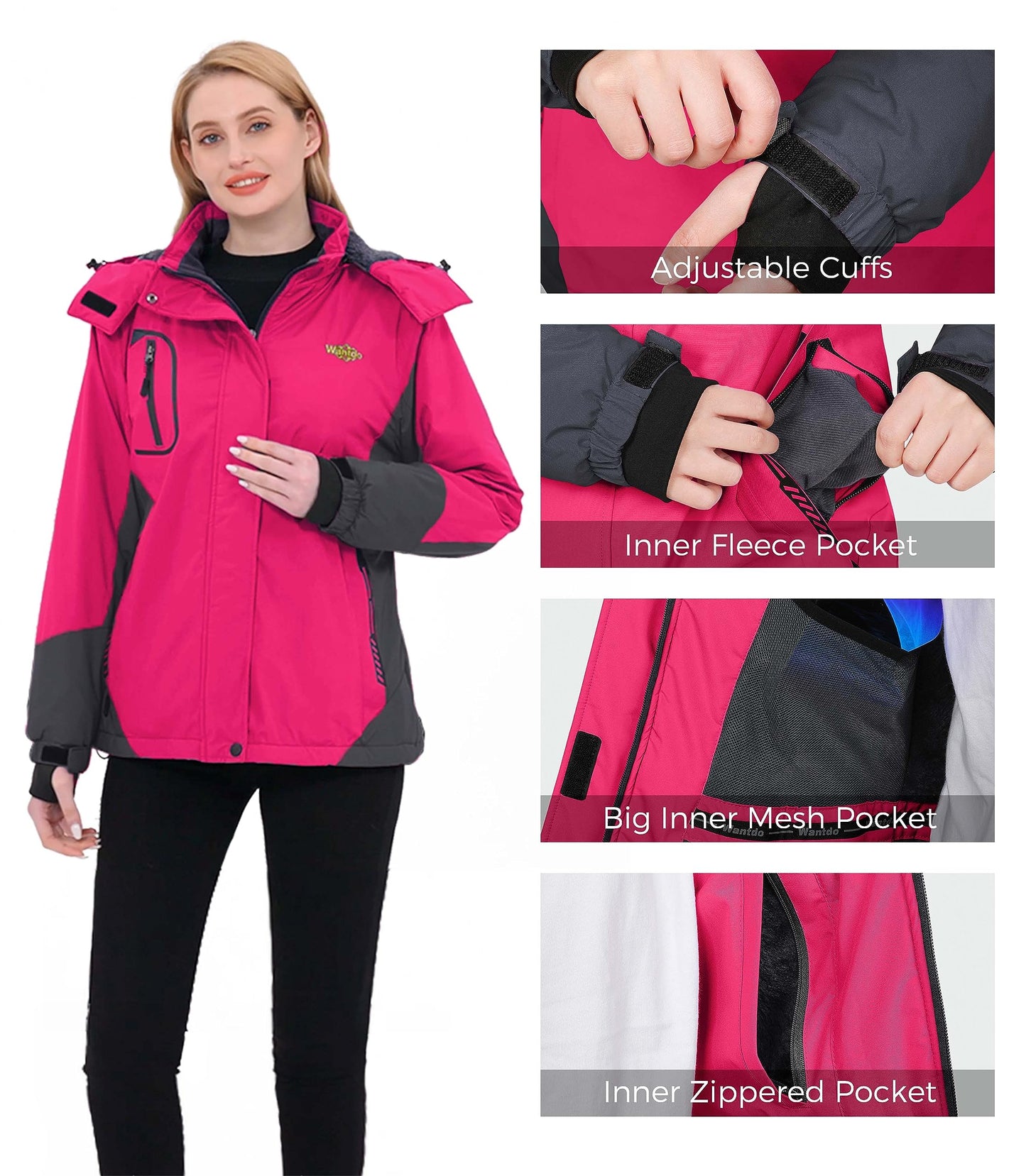 Wantdo Damen Berg Ski Jacke Wärmer Winter Fleece Mäntel Wasserdichter Atmungsaktive RegenMäntel Outdoor Kapuzen Windbreaker Jacken Rosarot L