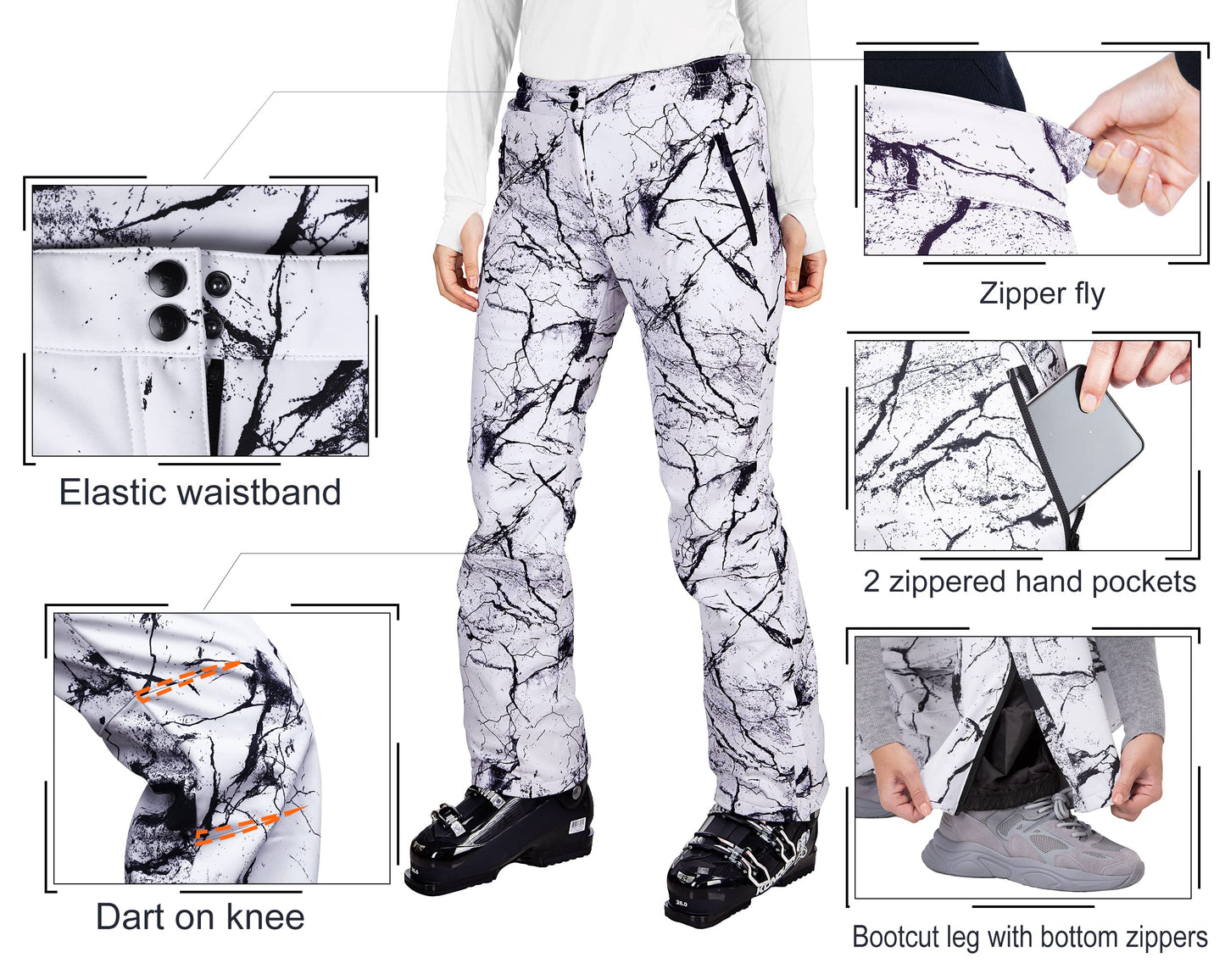 33,000ft Damen Skihose Outdoorhose Wasserdicht Winddichte Softshellhose Warme Gefütterte Trekkinghose Atmungsaktive Schnelltrocknende Thermohose Wanderhose Winter Ski Pants Women Rissgrau 34 * 29L