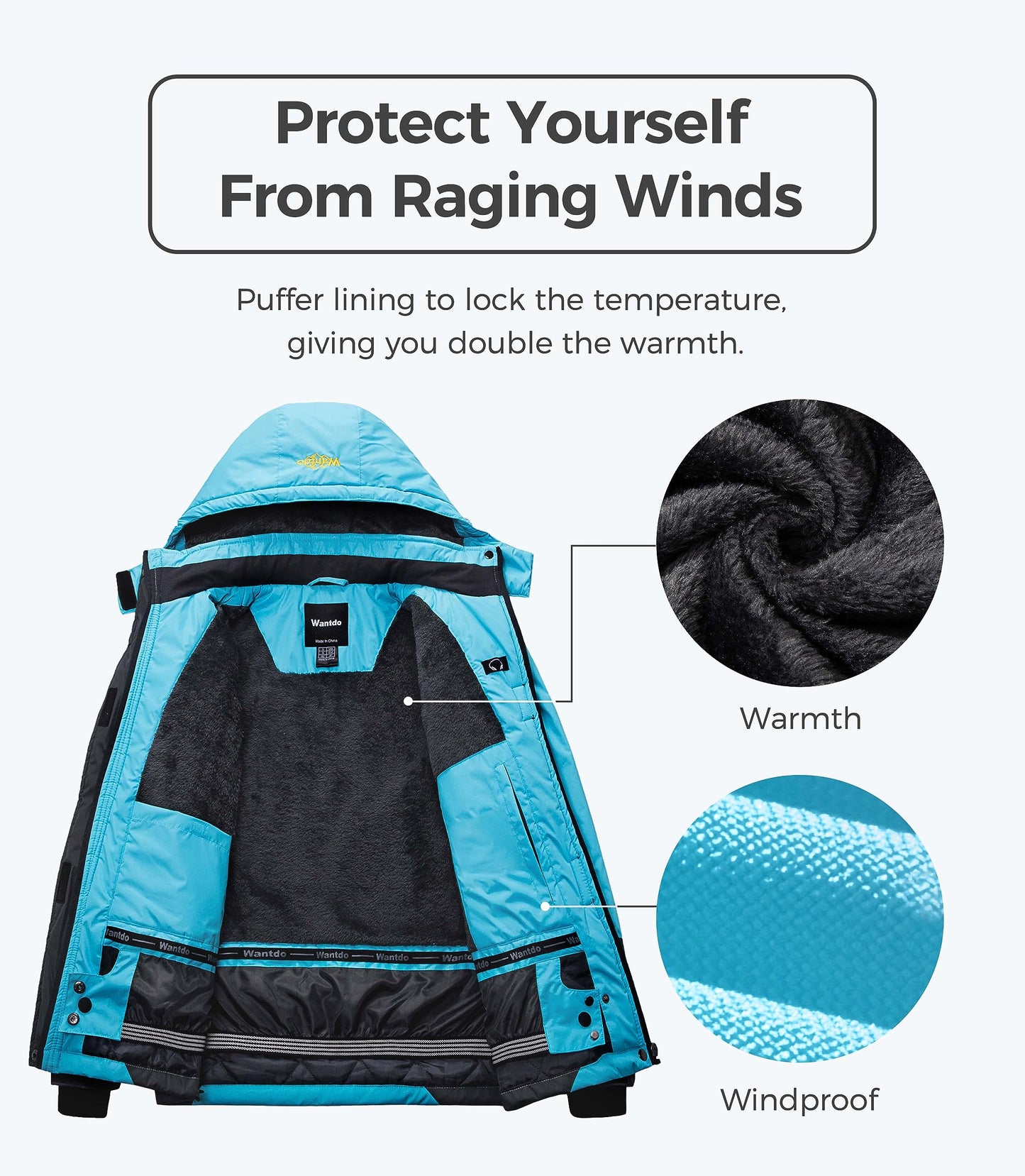 Wantdo Damen Berg Ski Jacke Wärmer Winter Fleece Mäntel Wasserdichter Atmungsaktive RegenMäntel Outdoor Kapuzen Windbreaker Jacken Türkis M