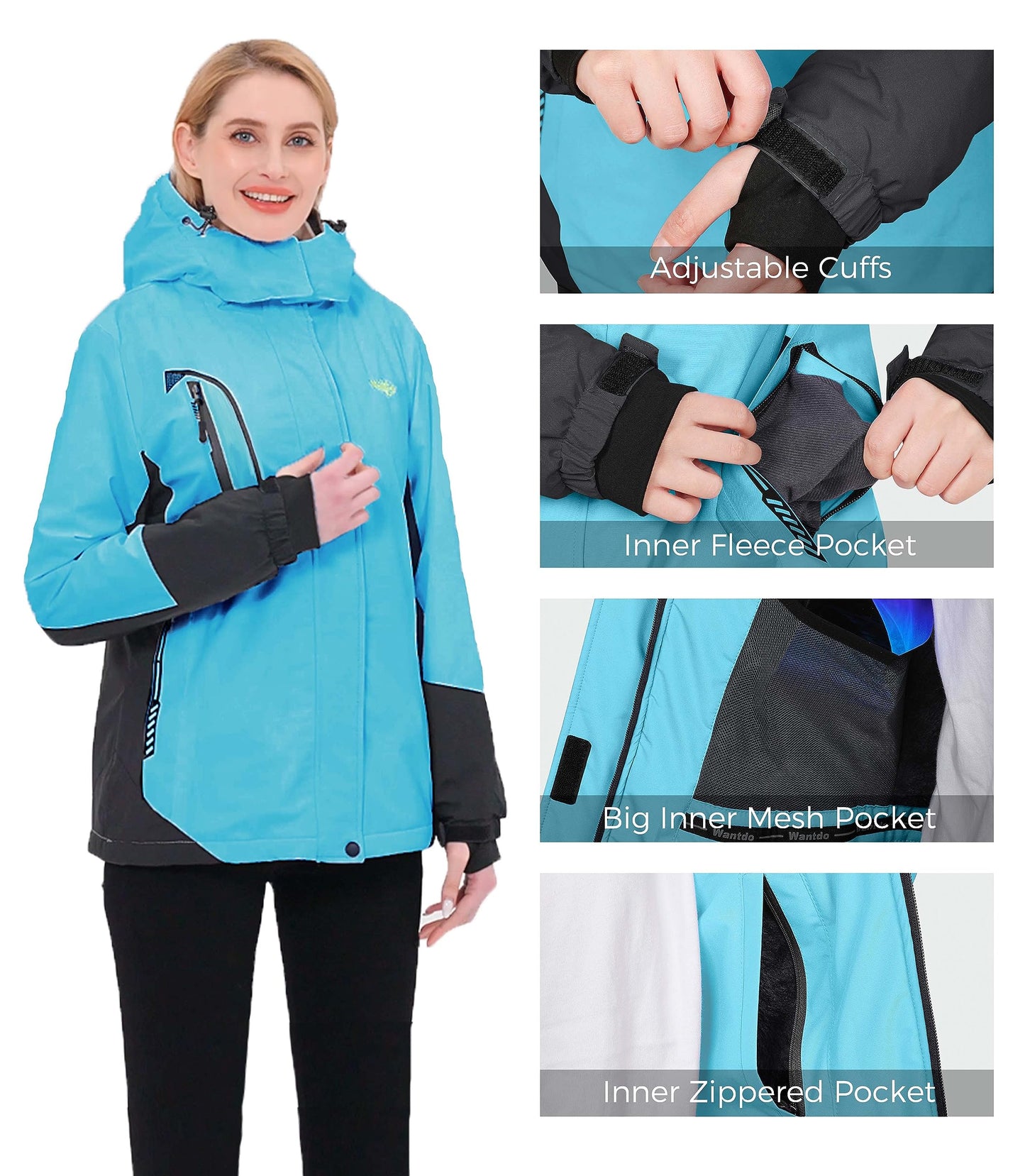 Wantdo Damen Berg Ski Jacke Wärmer Winter Fleece Mäntel Wasserdichter Atmungsaktive RegenMäntel Outdoor Kapuzen Windbreaker Jacken Türkis M