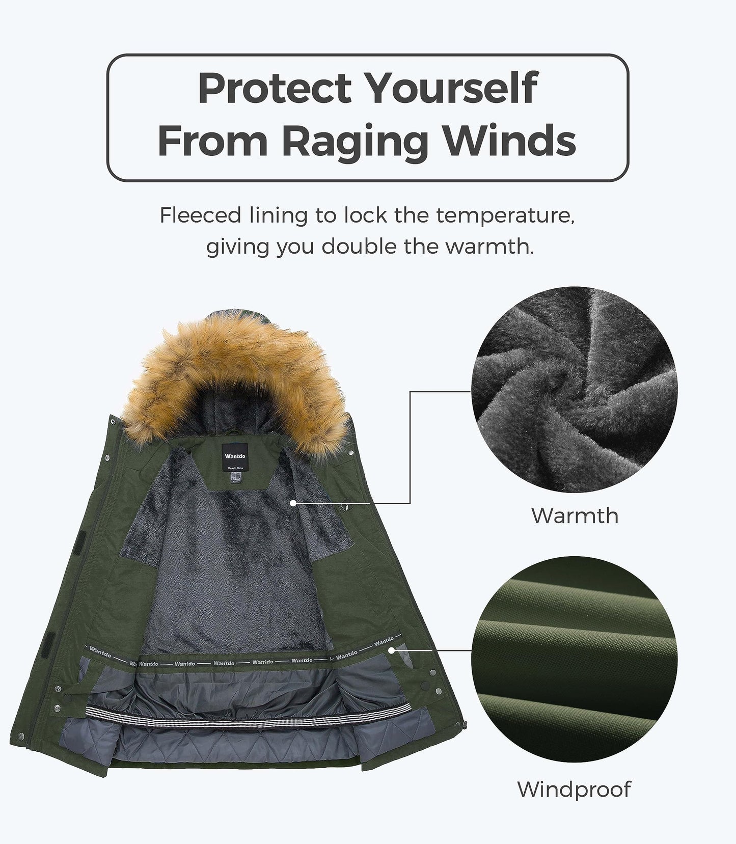 Wantdo Damen Wasserdicht Skijacke Winddichter Outdoor Sport Mäntel Berg Snowboardjacken Gefüttert Jacke mit Kunstpelzhaube Grün L